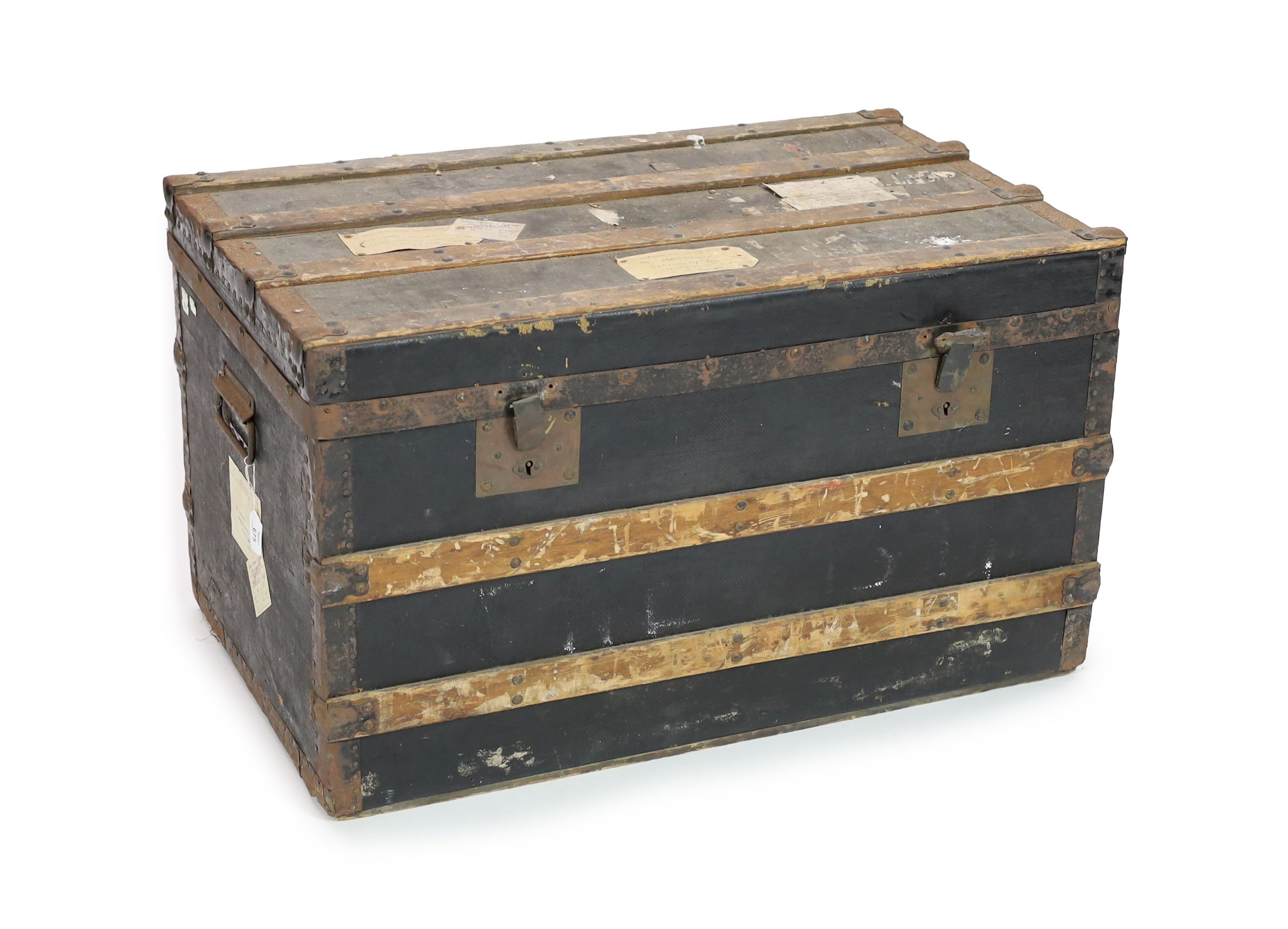 A metal mounted canvas and wood bound cabin trunk, bearing labels relating to 'Mrs Mallowan', 84cm wide